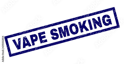Rectangle VAPE SMOKING seal print with distress texture. Rubber seal imitation has rectangle frame. Blue vector rubber print of VAPE SMOKING label with unclean texture.