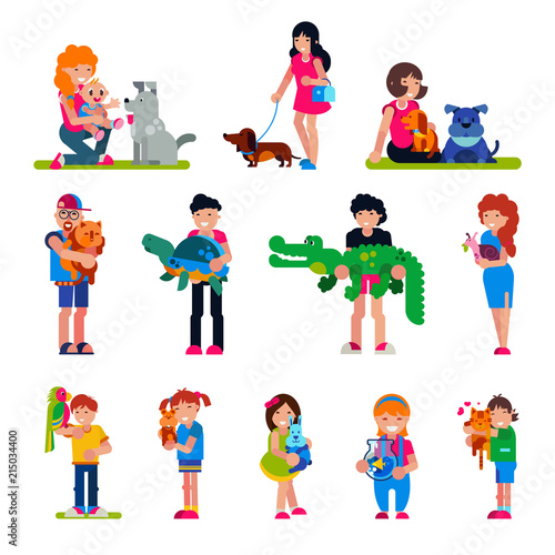 People with pet vector woman or man and children playing or hugging with animal characters cat dog or puppy illustration set of person girl or boy with turtle or crocodile isolated on white background