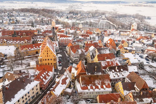 Top view on winter panorama of medieval town within fortified wall. Romantic Road route, Nordlingen, Bavaria, Germany.