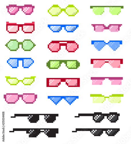Glasses pixel with eyes vector cartoon eyeglass frame or sunglasses and accessories fashion optical framing spectacles eyesight view illustration pixelization set isolated on white background