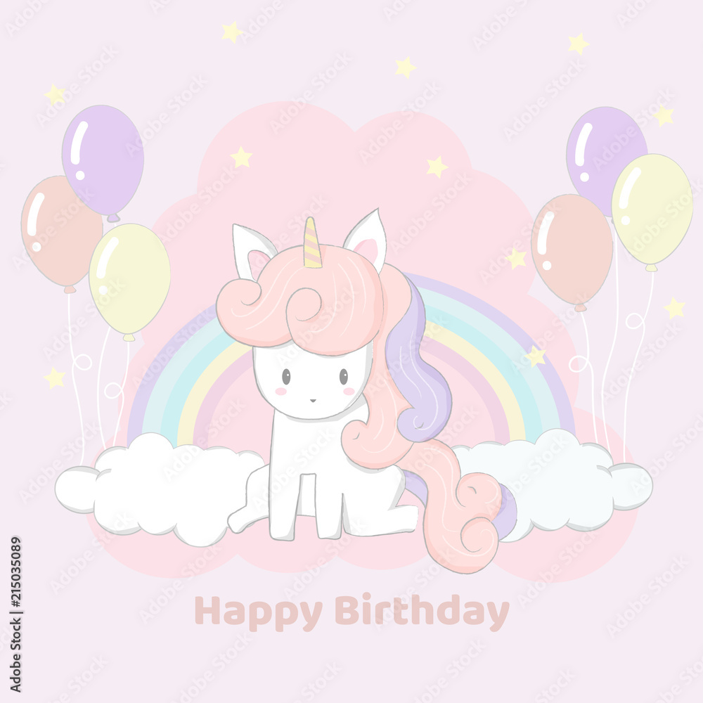 Fototapeta premium Cute hand drawn unicorn party happy birthday card.