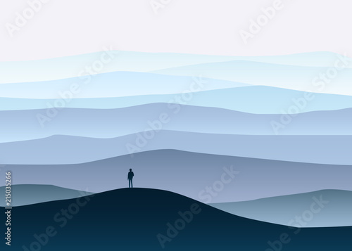 Fényképezés Minimalistic mountain landscape, lonely explorer, horizon, perspective, vector,