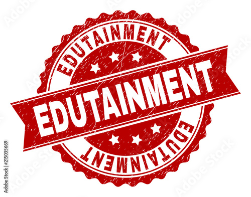 EDUTAINMENT seal watermark with corroded texture. Rubber seal imitation has circle medallion form and contains ribbon. Red vector rubber print of EDUTAINMENT title with dirty texture.
