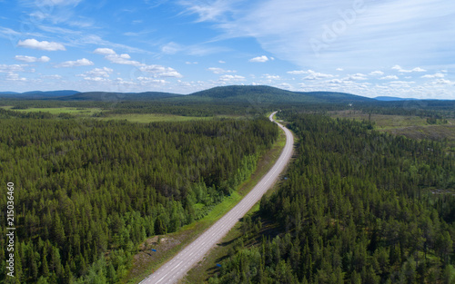 Aerial view of road and forest in sweden