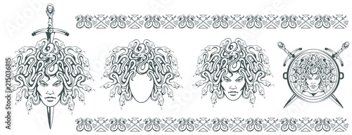 Gorgon Medusa - monster with a female face and snakes instead of hair. Sword. Medusa head. Greek mythology. Hand drawn traditional Greek ornament. Snake tattoo. Vector graphics to design