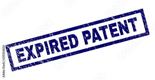 Rectangle EXPIRED PATENT seal stamp with distress texture. Rubber seal imitation has rectangle frame. Blue vector rubber print of EXPIRED PATENT tag with retro texture.