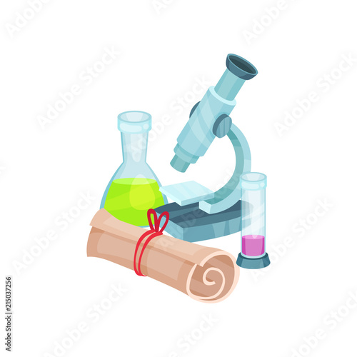 School related items. Microscope, flasks with liquids and rolled paper. Laboratory equipment. Chemistry and biology theme. Flat vector design