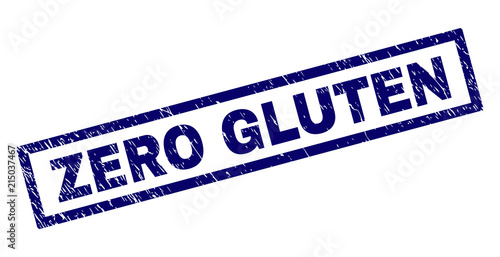 Rectangle ZERO GLUTEN seal print with distress texture. Rubber seal imitation has rectangle frame. Blue vector rubber print of ZERO GLUTEN caption with unclean texture.