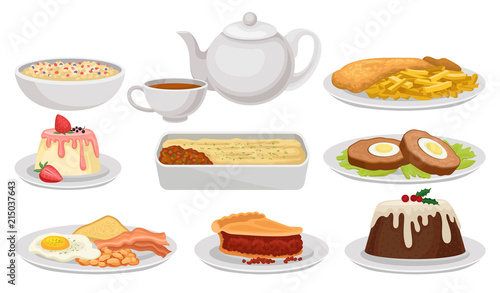 Flat vector set of traditional English food. Tasty dishes, desserts and tea. British cuisine. Elements for recipe book, cafe or restaurant menu