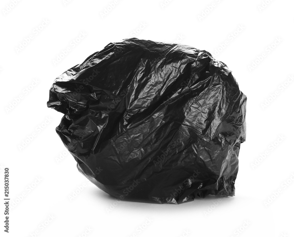 Crumpled plastic black garbage roll ball isolated on white background