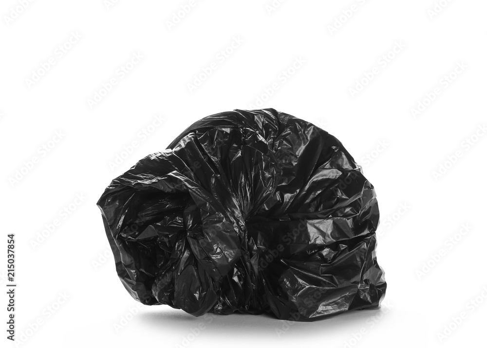Crumpled plastic black garbage roll ball isolated on white background