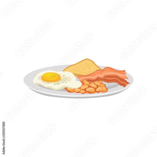 Fried egg and bacon with beans and toast on white plate. Traditional English breakfast. Tasty food. Flat vector for cafe or restaurant menu