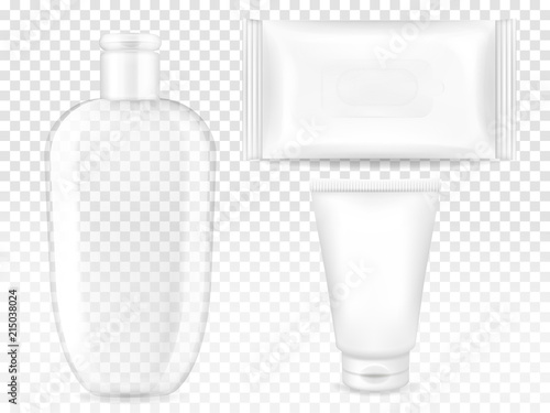 Cosmetic containers vector illustration of 3D realistic model templates for brand. Isolated set of transparent shampoo or cleanser bottle, facial cream tube and wet wipes or towels sachet