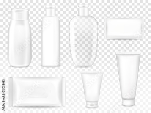 Cosmetic packages vector illustration of shampoo or lotion plastic bottle, facial cream tube or soap paper wrap and wet wipes towels sachet. Isolated hair and face care packs 3D isolated mockup models