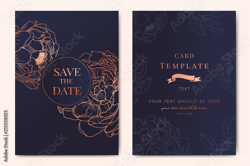 Wedding Invitation, floral invite thank you, rsvp modern card Design in Copper peony with  tropical palm leaf eucalyptus branches in Navy blue background
