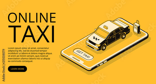 Taxi online service vector illustration in thin line art and black isometric halftone style. Car on smartphone for carsharing or carpool application and transportation technology