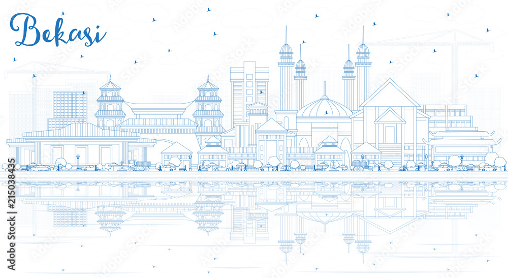 Outline Bekasi Indonesia City Skyline with Blue Buildings and Reflections.