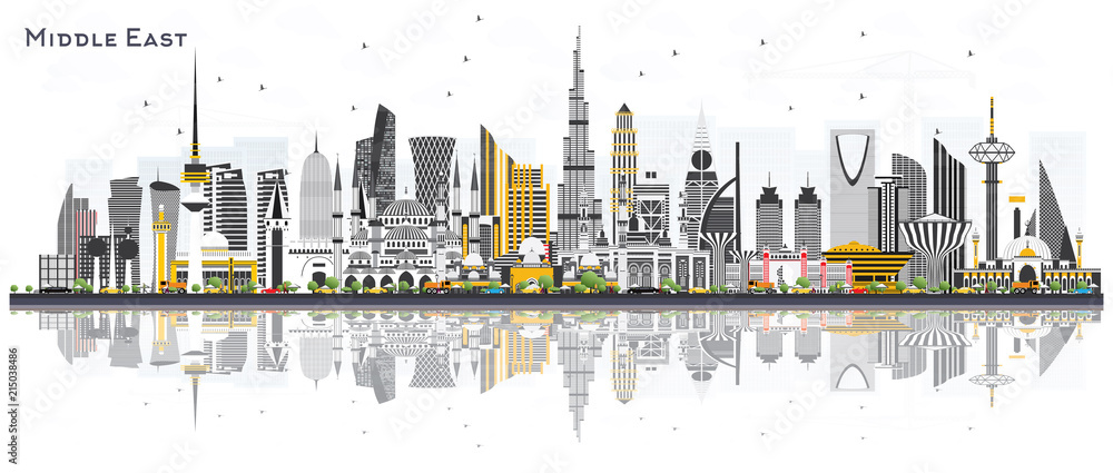 Middle East City Skyline with Color Buildings and Reflections Isolated on White.