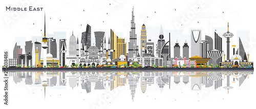 Middle East City Skyline with Color Buildings and Reflections Isolated on White.