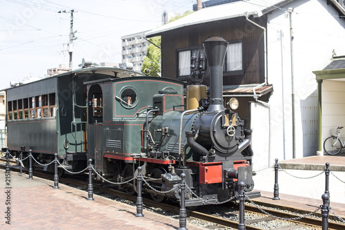 Vintage locomotive on green