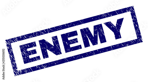 Rectangle ENEMY seal print with distress surface. Rubber seal imitation has rectangle frame. Blue vector rubber print of ENEMY title with dust texture.