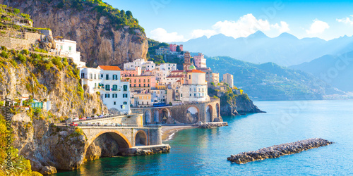 Obraz na płótnie Morning view of Amalfi cityscape on coast line of mediterranean sea, Italy
