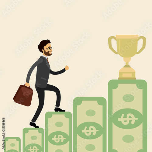 European Businessman goes up the stairs of money to the prize,