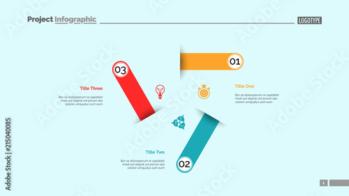 Three steps process chart slide template. Business data. Option, diagram, design. Creative concept for infographic, presentation. Can be used for topics like management, strategy, workflow.