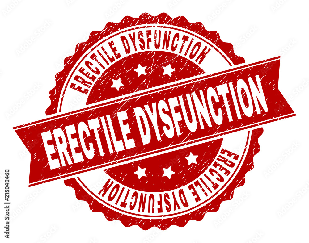 Obraz premium ERECTILE DYSFUNCTION seal watermark with distress texture. Rubber seal imitation has circle medal shape and contains ribbon. Red vector rubber print of ERECTILE DYSFUNCTION label with grunge texture.