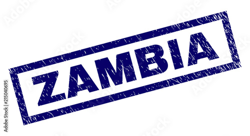 Rectangle ZAMBIA seal watermark with distress texture. Rubber seal imitation has rectangle frame. Blue vector rubber print of ZAMBIA text with retro texture.