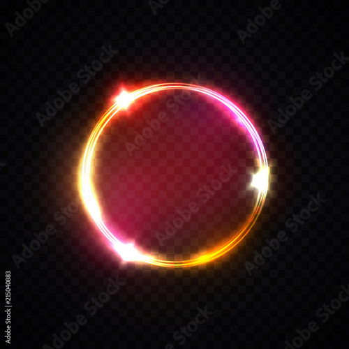 Red pink yellow neon ring. Light circle background on transparent. Glowing energy round frame. Magic light tube. Abstract electric geometric shape. Neon lights frame. Night bright vector illustration.