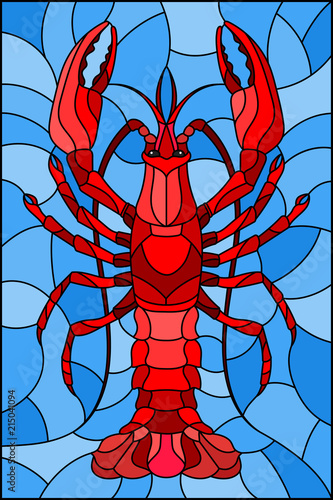 Illustration in stained glass stile with abstract red crayfish on a blue background 