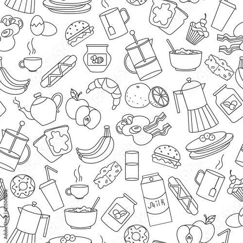 Seamless pattern on theme of food and breakfast , simple contour icons,dark outlines on white background