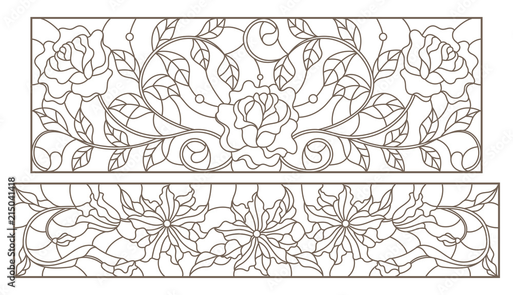 Fototapeta premium Set of contour stained glass illustrations with floral arrangements and roses, dark outlines on a white background, horizontal oriented