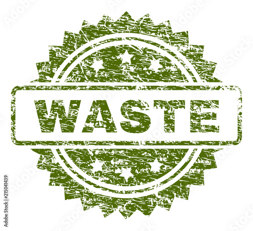 WASTE stamp seal watermark with scratched style. Green vector rubber print of WASTE caption with retro texture.