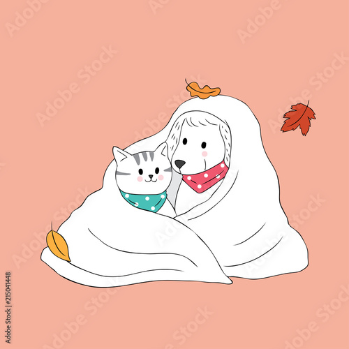 Cartoon cute Autumn cat and dog in blanket vector.