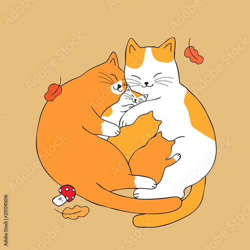 Cartoon cute parents hug baby cat vector.