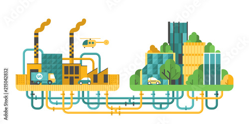 Provision of the city with resources. Communication under the city. Factory. Modern city.