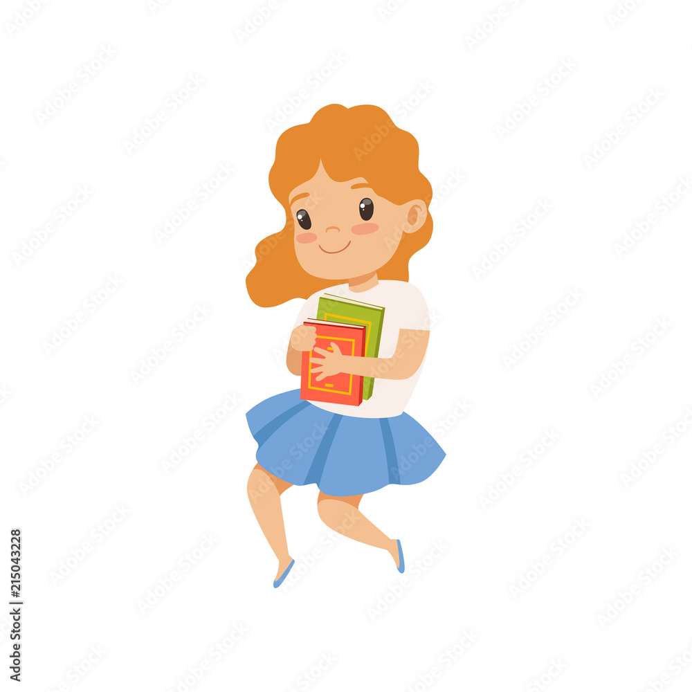 Sweet little girl jumping with book, cute kid playing and learning vector Illustration on a white background Sweet little girl jumping with book, cute kid playing and learning vector Illustration on a white background