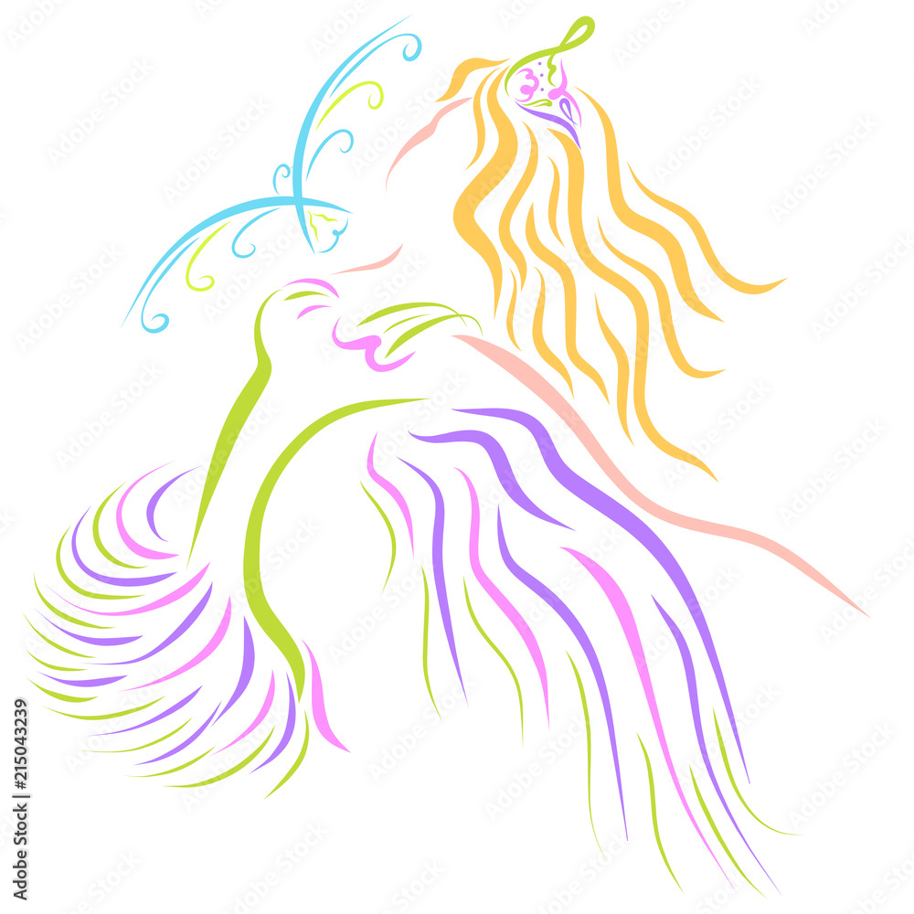 A beautiful winged princess and a flying bird A beautiful winged princess and a flying bird