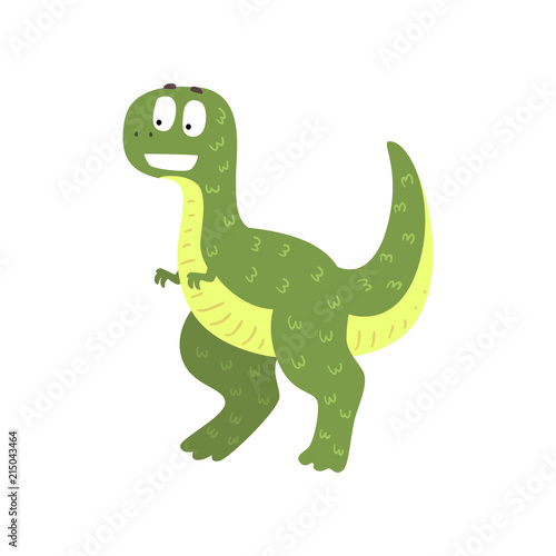 Cute cartoon green dinosaur, prehistoric dino character vector Illustration on a white background