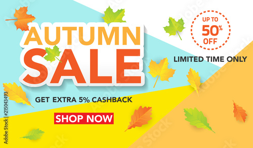 Autumn sale banner template with leaves, fall leaves for shopping sale. banner design. Poster, card, label, web banner. Vector illustration