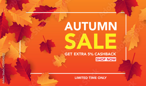 Autumn sale banner template with leaves, fall leaves for shopping sale. banner design. Poster, card, label, web banner. Vector illustration