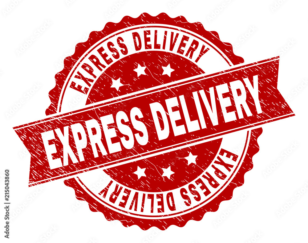EXPRESS DELIVERY seal print with corroded style. Rubber seal imitation has round medal form and contains ribbon. Red vector rubber print of EXPRESS DELIVERY label with corroded texture. EXPRESS DELIVERY seal print with corroded style. Rubber seal imitation has round medal form and contains ribbon. Red vector rubber print of EXPRESS DELIVERY label with corroded texture.