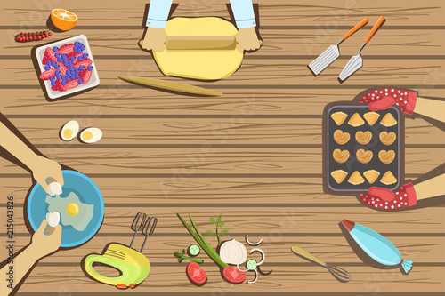 Children Craft And Cooking Class Two Illustrations With Only Hands Visible From Above The Tabl
