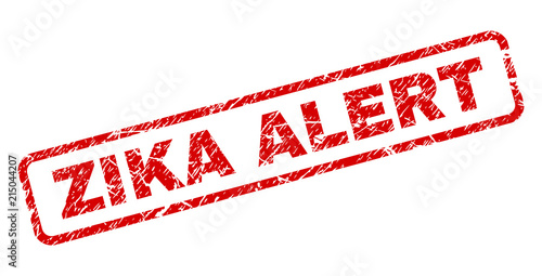 ZIKA ALERT stamp seal print with distress style. Red vector rubber print of ZIKA ALERT text with unclean texture. Text title is placed inside rounded rectangle frame.