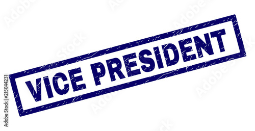Rectangle VICE PRESIDENT seal print with corroded texture. Rubber seal imitation has rectangle frame. Blue vector rubber print of VICE PRESIDENT caption with corroded texture.
