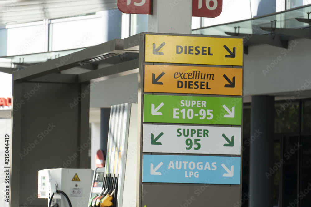 Different kind of fuel in a filling station: diesel, excellium diesel,  super, gas, LPG Stock Photo | Adobe Stock