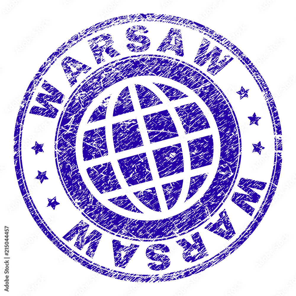 WARSAW stamp imprint with distress texture. Blue vector rubber seal imprint of WARSAW label with corroded texture. Seal has words placed by circle and planet symbol.