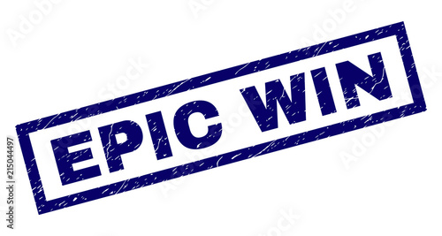 Rectangle EPIC WIN seal print with distress texture. Rubber seal imitation has rectangular frame. Blue vector rubber print of EPIC WIN label with dirty texture.